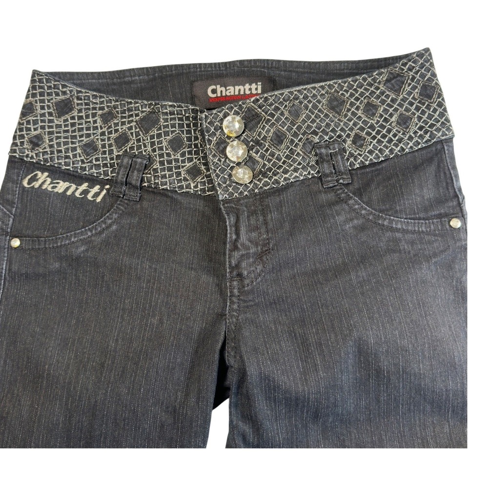 Y2K Black Rhinestone Embroidered Capri Jeans Colombian Denim Straight Leg Sz 10